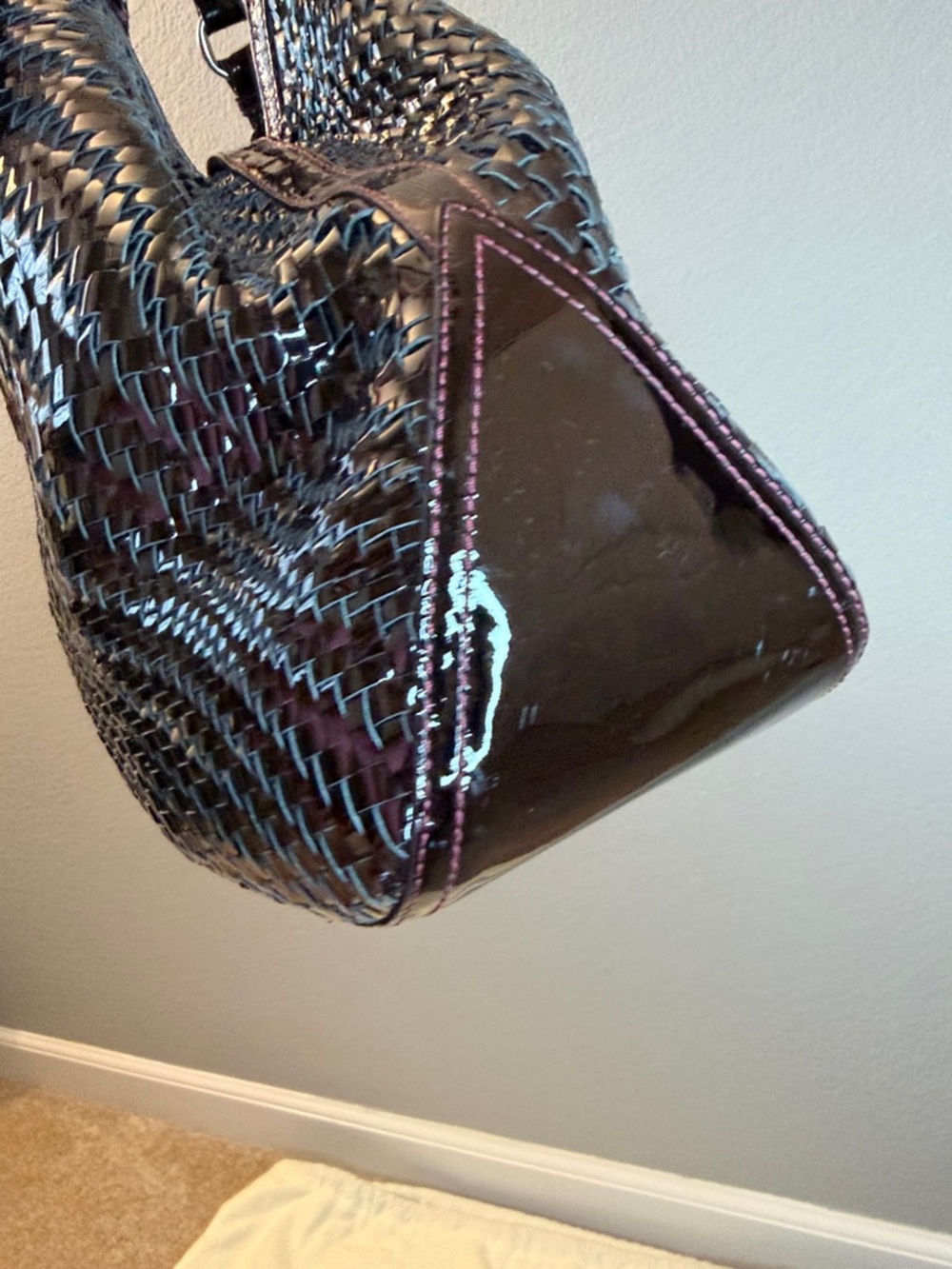 Cole Haan Genevieve Triangle Tote Plum Woven Shoulder Bag with Dustbag - Picture 8 of 10